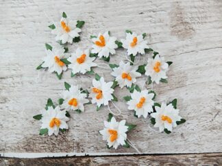 50 pcs - 1 inch paper flathead poinsettias - mulberry paper white Christmas rose with thread stem - die cuts paper flowers