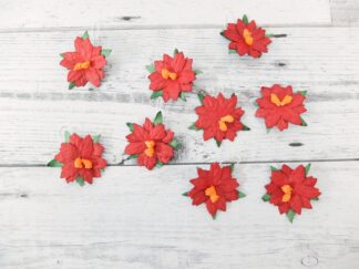 50 pcs - 3 cm paper flathead poinsettias - mulberry paper Christmas rose with thread stem - die cuts paper flowers