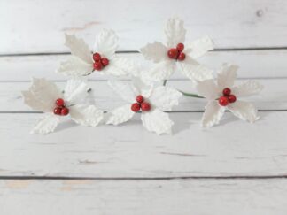 Paper poinsettias, 25 stems paper christmas flowers, red holly sprigs with berries