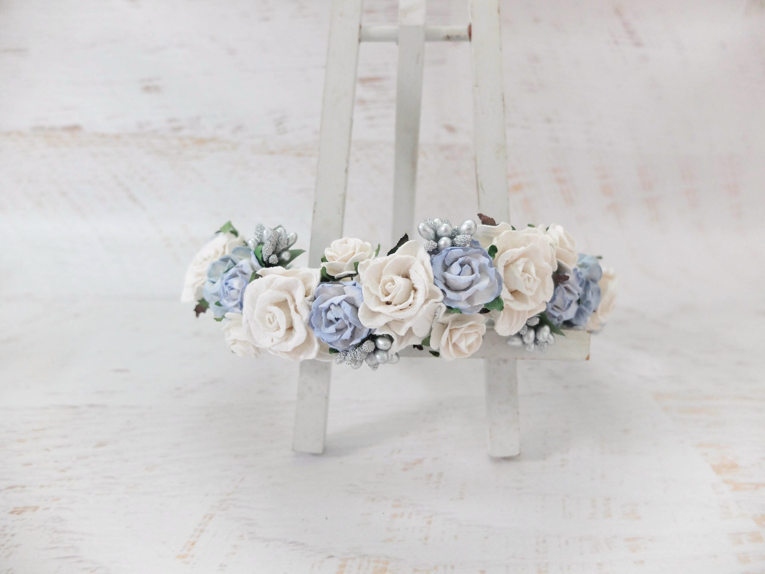 blue and white flower crown