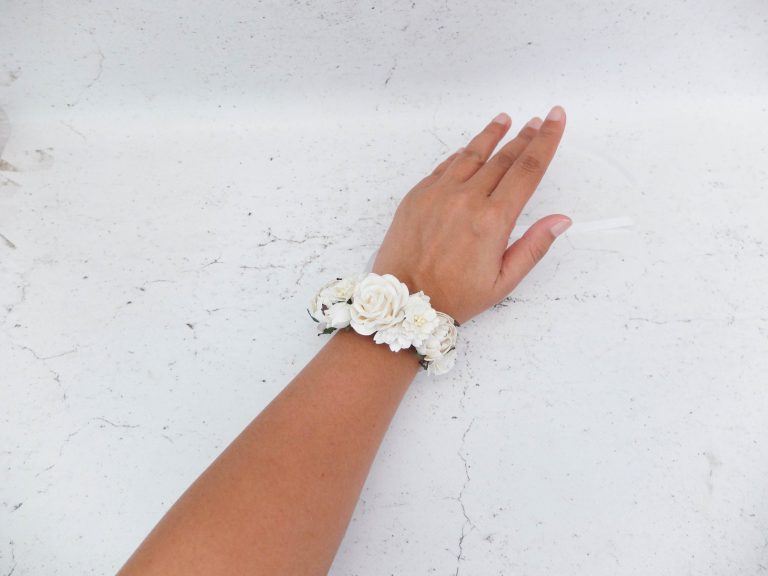 Ivory white flower wrist corsage, prom, wedding flower bracelet
